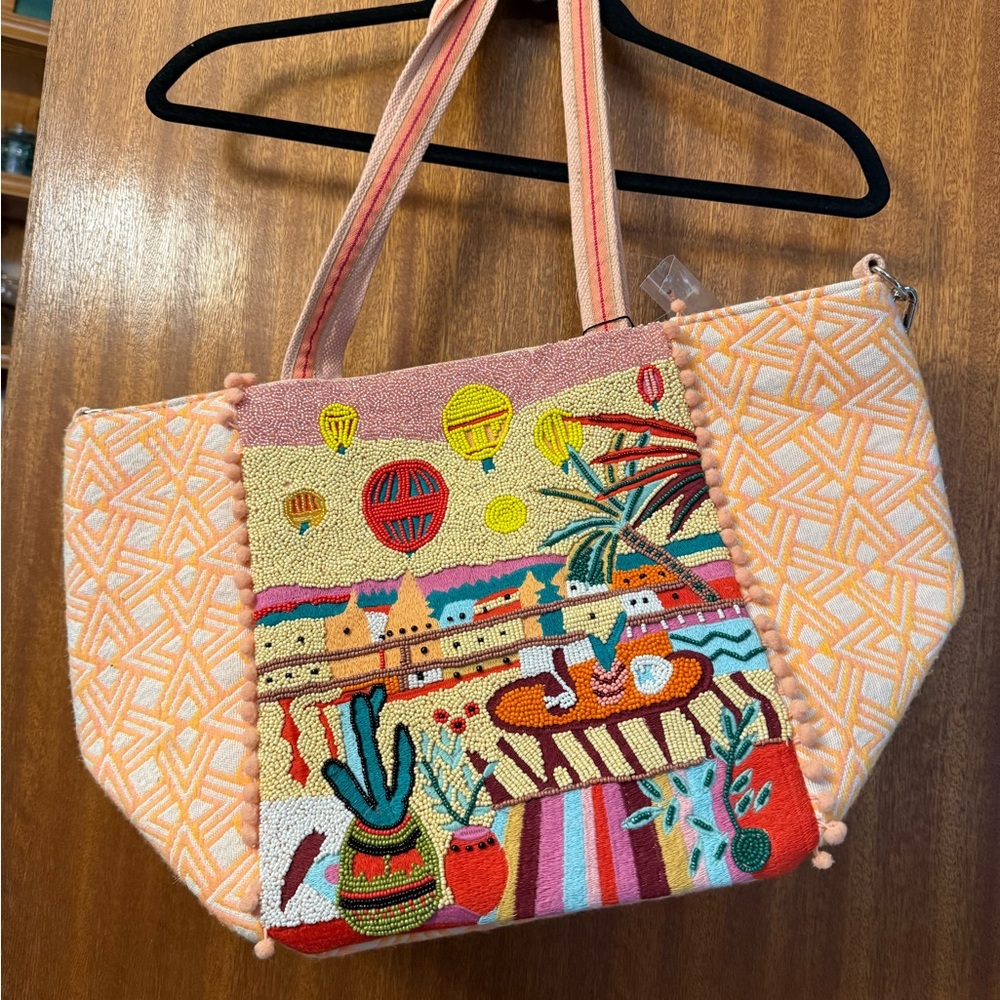 Vibrant Embroidered Tote Bag with Artistic Design